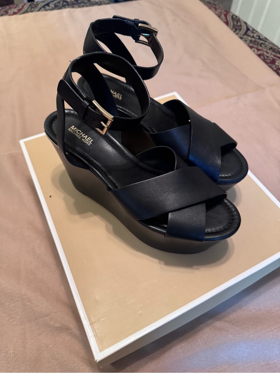 Michael Kors Shoes - Michael Kors Black Leather Platform Wedge Sandals with Gold Buckle